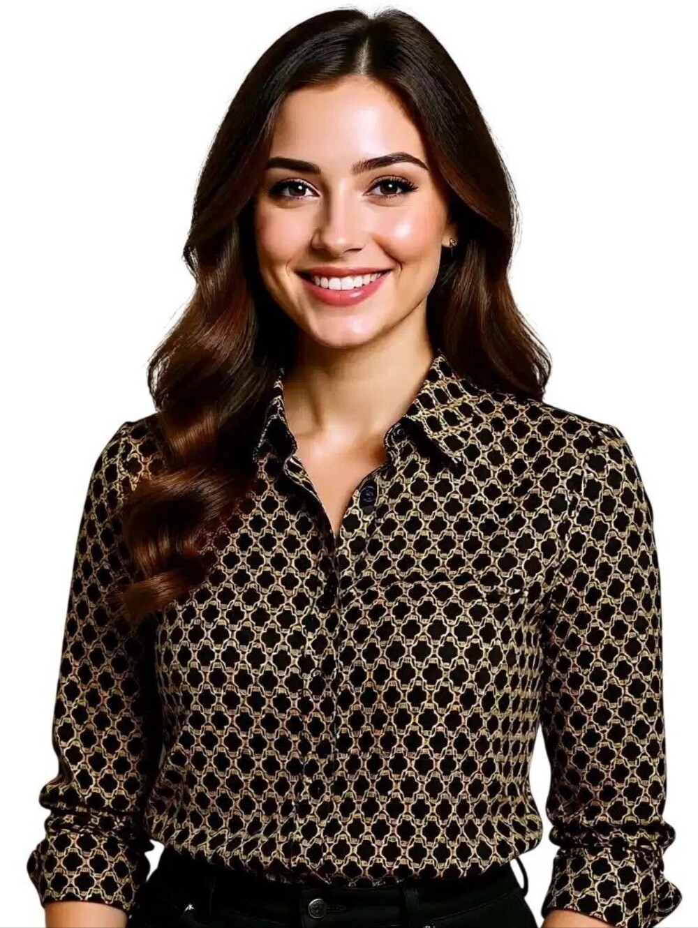 Ann Taylor Womens Dark Brown and Cream Geometric Print Button-Front Shirt